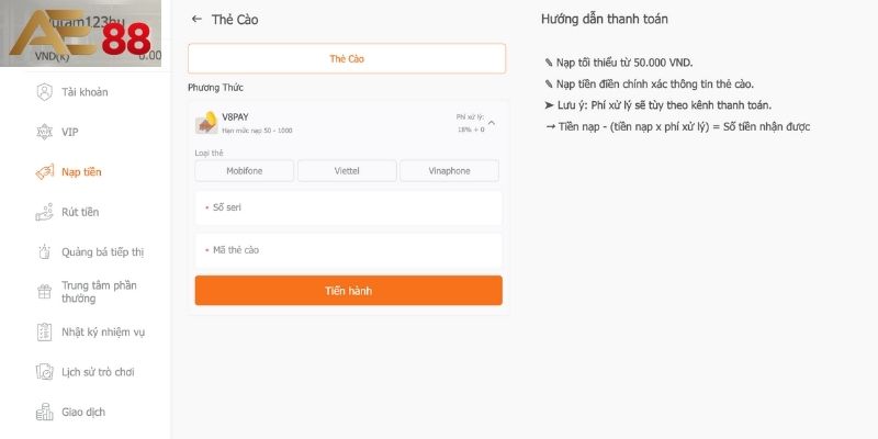 Quy trình nộp vốn vào tài khoản AE88 bằng thẻ cào